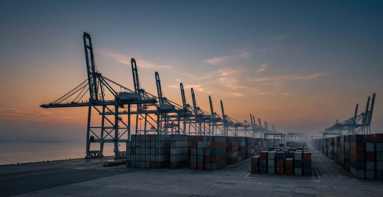Port industriel a l'arret au crepuscule, symbole d'une paralysie sectorielle causee par une cyberattaque systemique