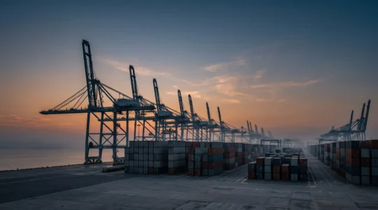 Port industriel a l'arret au crepuscule, symbole d'une paralysie sectorielle causee par une cyberattaque systemique
