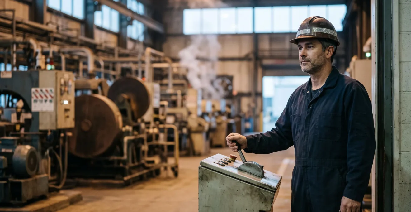 Operateur industriel concentre supervisant le redemarrage securise d'une ligne de production apres un incident cyber