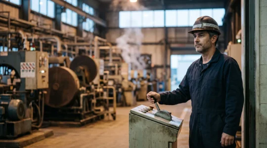 Operateur industriel concentre supervisant le redemarrage securise d'une ligne de production apres un incident cyber