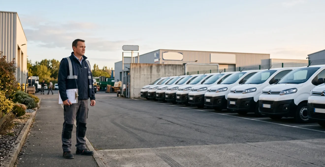 Gestionnaire de flotte observant une rangée de véhicules utilitaires blancs alignés dans un dépôt logistique au lever du jour