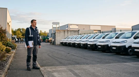 Gestionnaire de flotte observant une rangée de véhicules utilitaires blancs alignés dans un dépôt logistique au lever du jour
