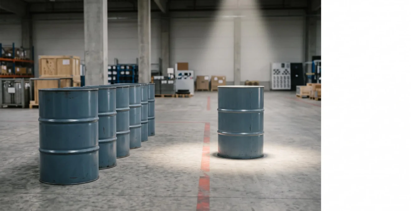Zone de stockage industrielle de fûts métalliques sous un éclairage dramatique symbolisant le risque financier lié à une mauvaise traçabilité des déchets