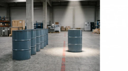 Zone de stockage industrielle de fûts métalliques sous un éclairage dramatique symbolisant le risque financier lié à une mauvaise traçabilité des déchets