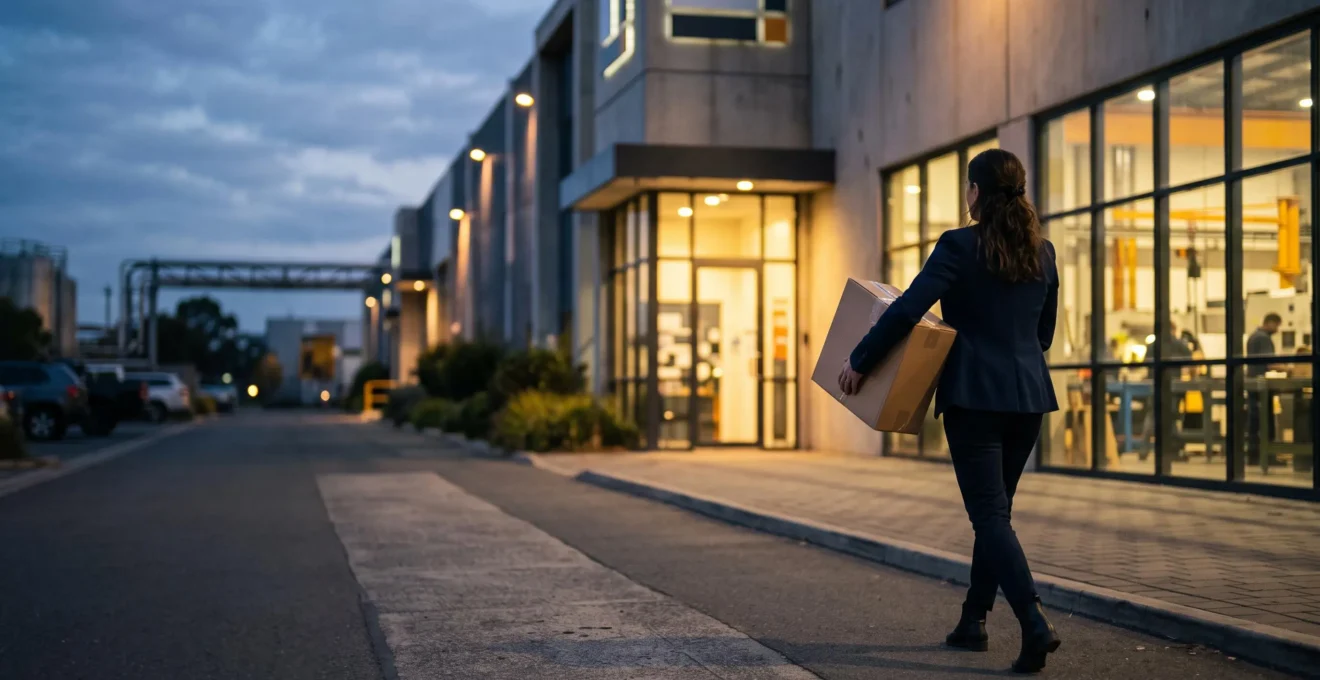Un salarié quitte discrètement un site industriel en emportant un carton, illustrant le risque de fuite de données par un collaborateur