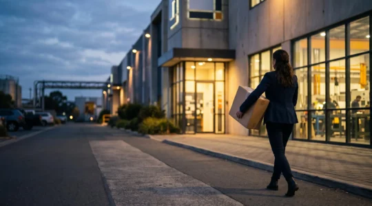 Un salarié quitte discrètement un site industriel en emportant un carton, illustrant le risque de fuite de données par un collaborateur