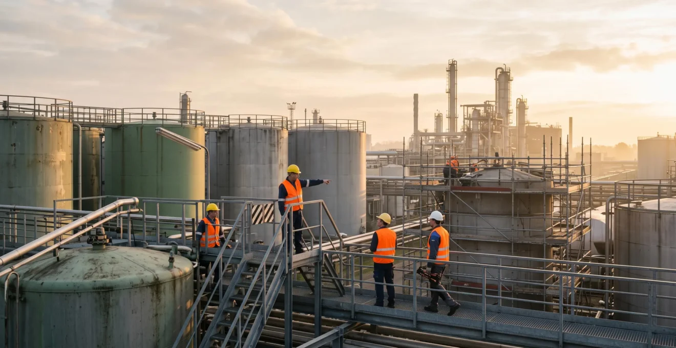 Vue large d'un site industriel européen au lever du jour, symbolisant une démarche de mise en conformité réglementaire progressive et maîtrisée