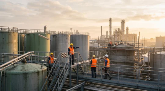 Vue large d'un site industriel européen au lever du jour, symbolisant une démarche de mise en conformité réglementaire progressive et maîtrisée
