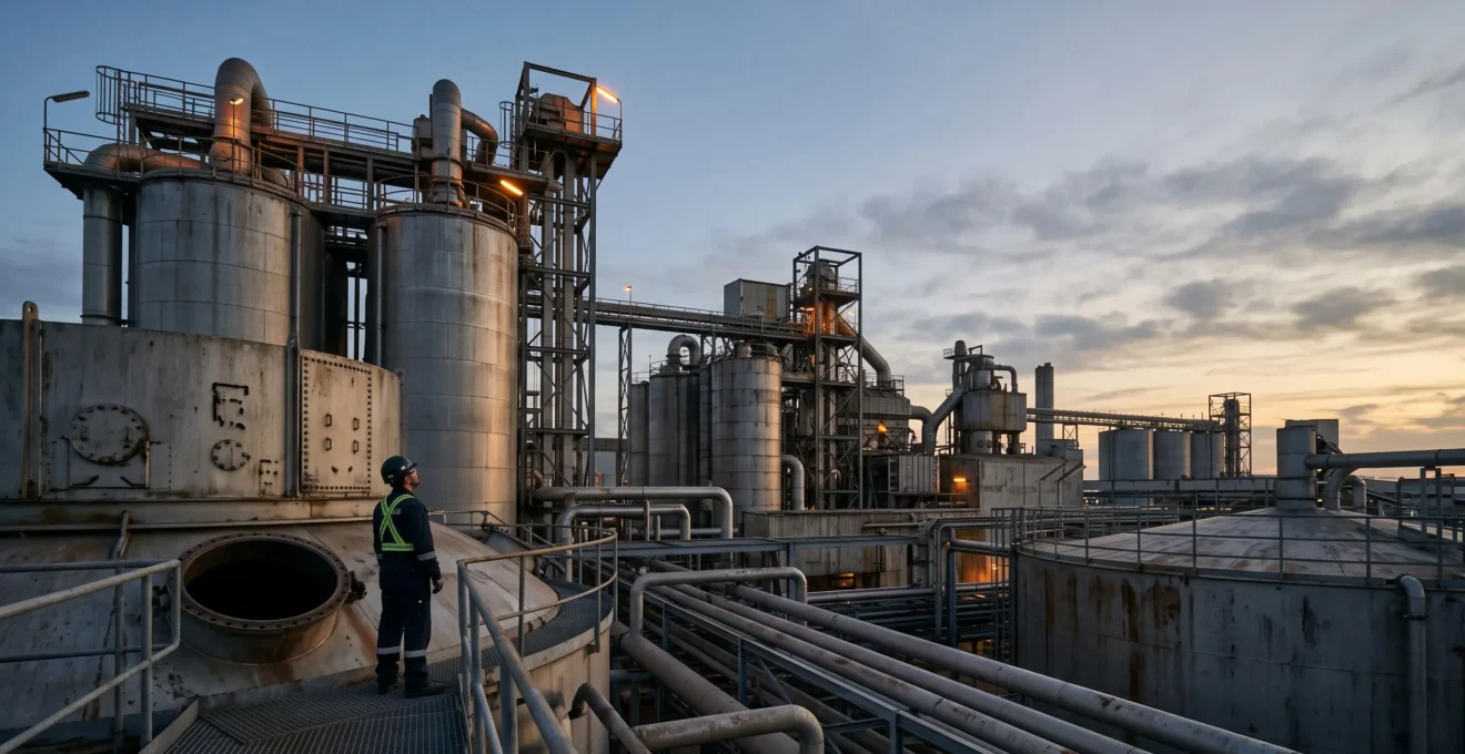 Vue large d'un site industriel au crépuscule avec une silhouette de travailleur isolée près d'une immense structure métallique, symbolisant les risques invisibles
