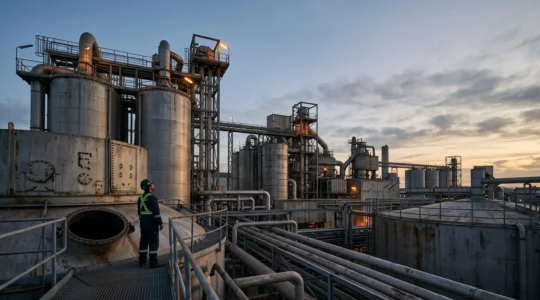 Vue large d'un site industriel au crépuscule avec une silhouette de travailleur isolée près d'une immense structure métallique, symbolisant les risques invisibles