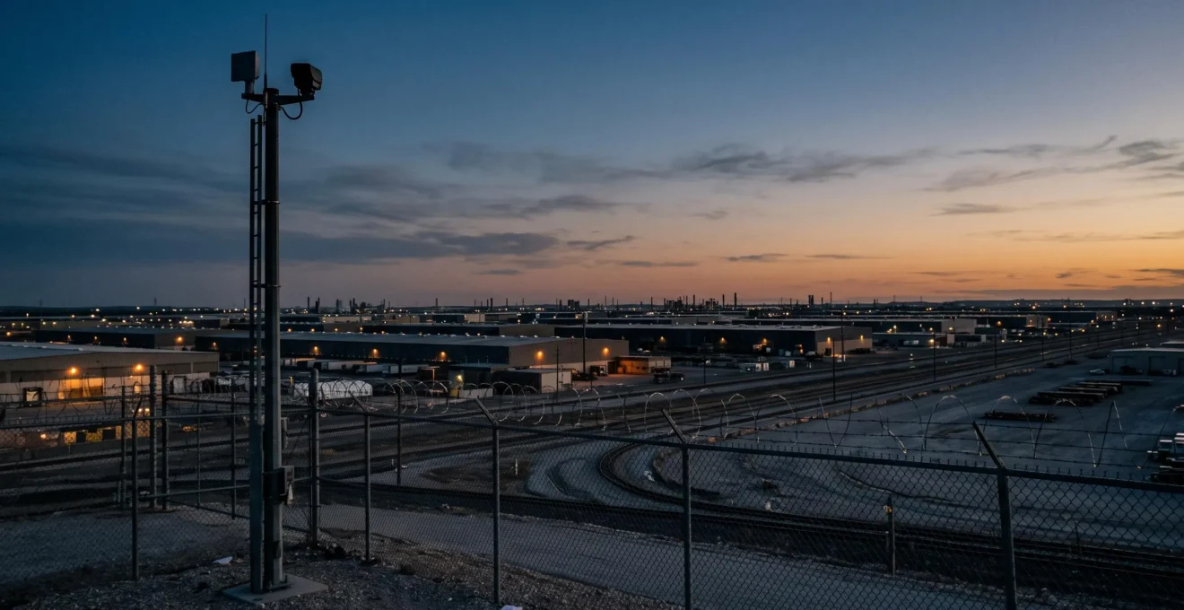 Vue large d'un vaste site industriel clôturé surveillé au crépuscule par un mât de détection, illustrant la sécurité périmétrique d'un grand terrain