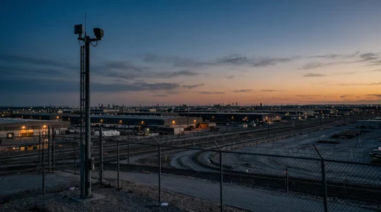 Vue large d'un vaste site industriel clôturé surveillé au crépuscule par un mât de détection, illustrant la sécurité périmétrique d'un grand terrain