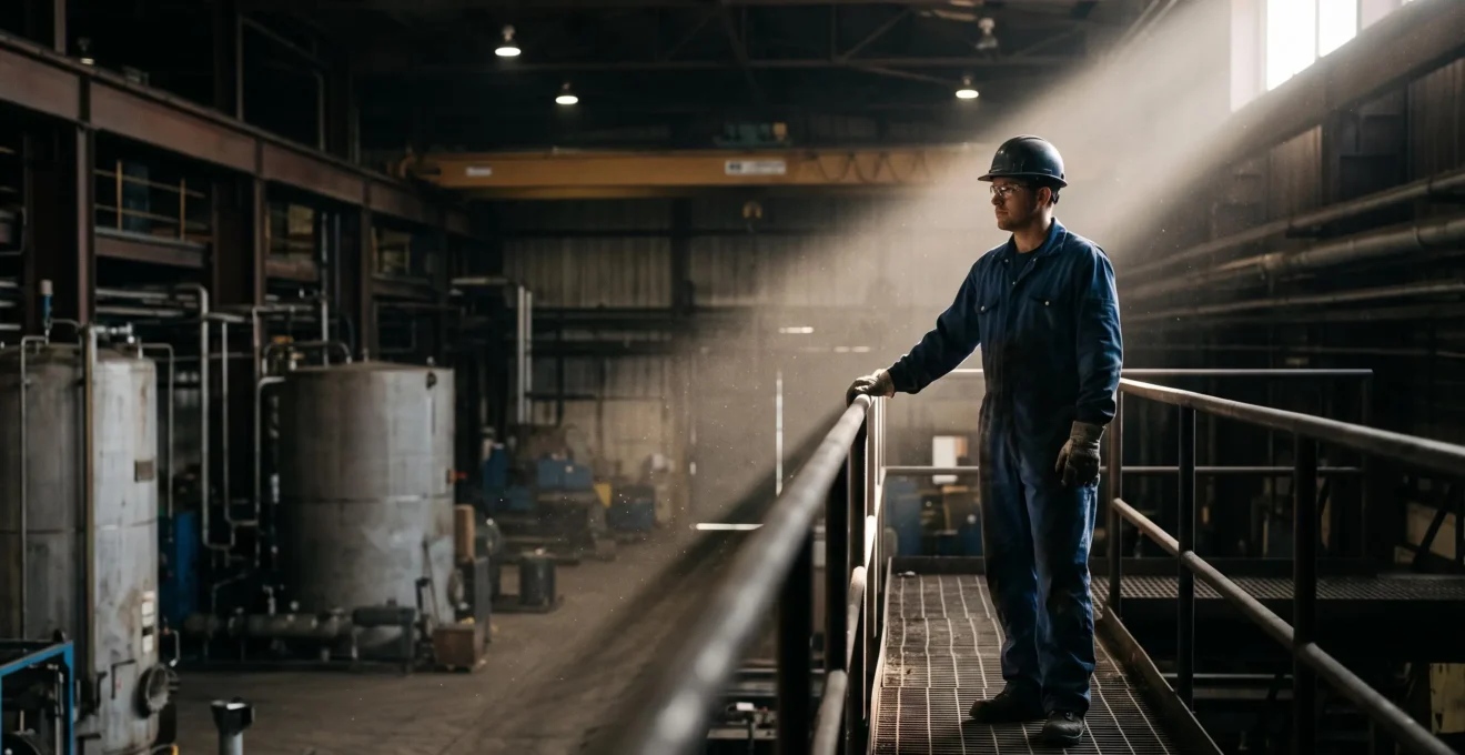 Silhouette d'un travailleur industriel dans un atelier baigné de lumière traversante, illustrant les expositions sanitaires invisibles au travail