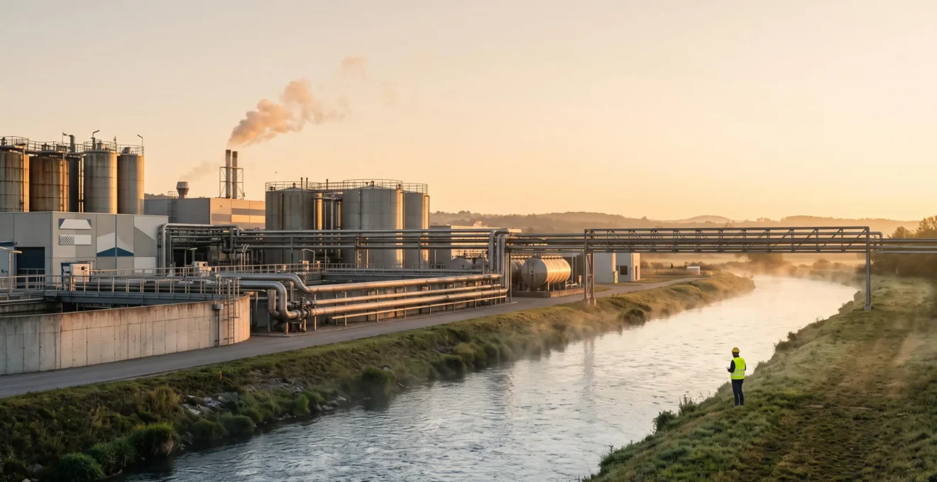 Site industriel moderne en bord de rivière illustrant la maîtrise des rejets d'eau et la conformité environnementale