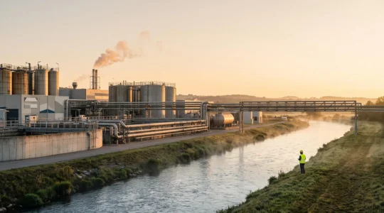 Site industriel moderne en bord de rivière illustrant la maîtrise des rejets d'eau et la conformité environnementale