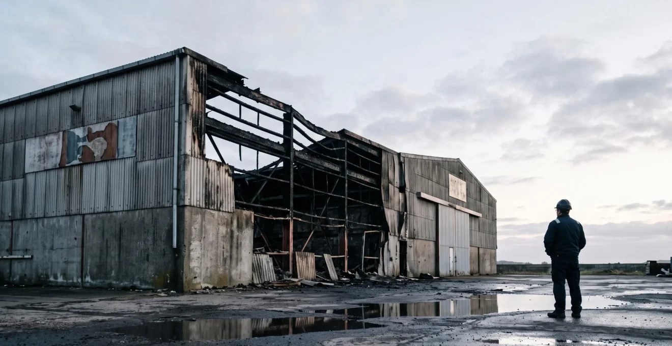 Vue d'un site industriel silencieux et endommagé après un incendie majeur, symbole de la fragilité économique des entreprises