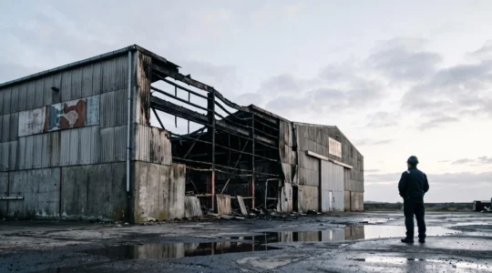 Vue d'un site industriel silencieux et endommagé après un incendie majeur, symbole de la fragilité économique des entreprises
